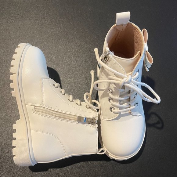 Girls Bow Decor Zip Side Lace-up Front Combat Boots White/EUR27 - Picture 5 of 8